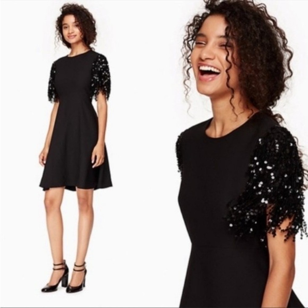 Kate Spade Womens Sz 2 Black Sequin Fringe Swing Black Dress
